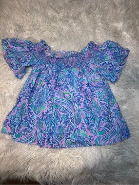 Lilly Pulitzer Leanne Off-the-Shoulder top We Mermaid It linen print Size Small